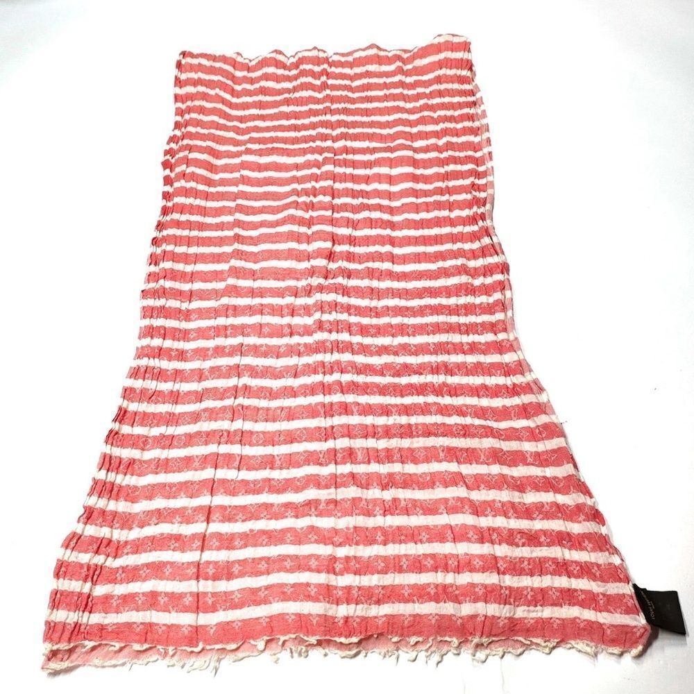 Auth Ltd Edition Louis Vuitton Red White Striped LV Monogram Scarf Shawl Wrap - Picture 2 of 7